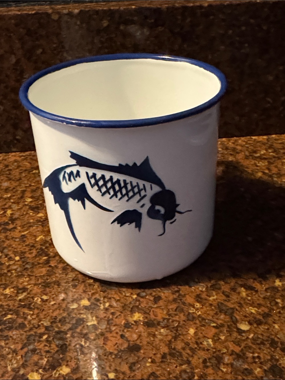 Vintage Butterfly Brand White and Blue Koi Enamel Cup